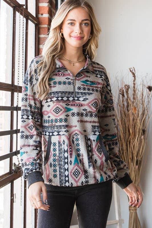 HEIMISH - ET6802-10 PUFF SLEEVE MULTI COLOR AZTEC TOP WITH ZIPPER