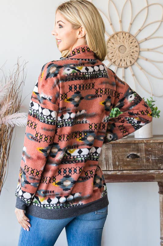 HEIMISH - ET6802-10 PUFF SLEEVE MULTI COLOR AZTEC TOP WITH ZIPPER