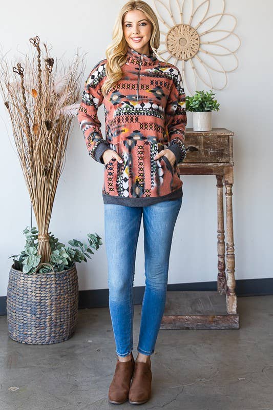 HEIMISH - ET6802-10 PUFF SLEEVE MULTI COLOR AZTEC TOP WITH ZIPPER