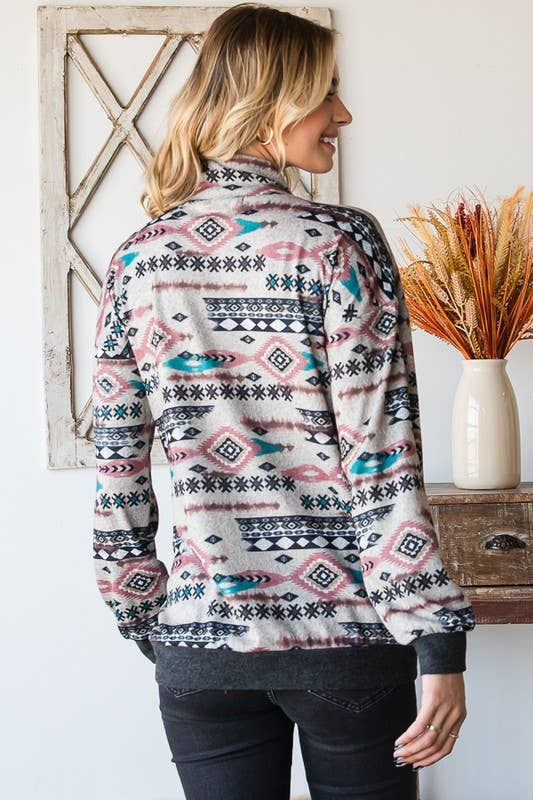 HEIMISH - ET6802-10 PUFF SLEEVE MULTI COLOR AZTEC TOP WITH ZIPPER